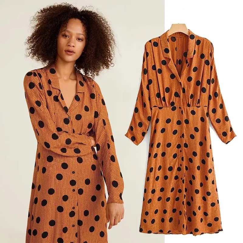 

JXYSY women vestidos dots wrap dress Cross lantern sleeve sashes retro female casual midi dresses chic A line vestidos