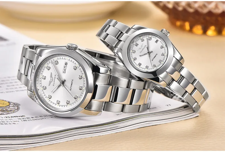 GUANQIN Gold Couple Watch Men Women Mechanical Watch Luminous Calendar Week Waterproof Rhinestones Automatic Lovers Watches (14)
