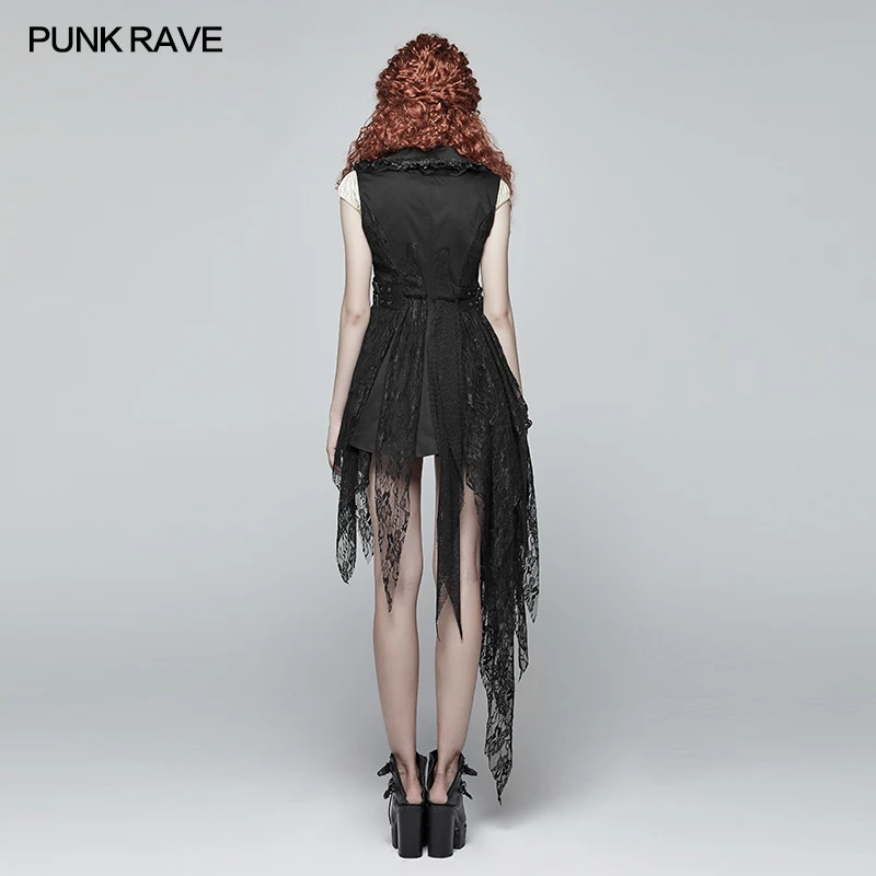 Punk Rave Women Vest Waistcoat Gothic Punk Dark Black Lace Fashion Casual Slim-Fitting Asymmetric Stage Performance Costumes