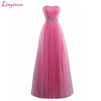 

Linyixun Real Photo Hot Sale Prom Dresses 2017 Beaded Sweetheart Sleeveless Long Evening Party Dress Tull vestido de festa