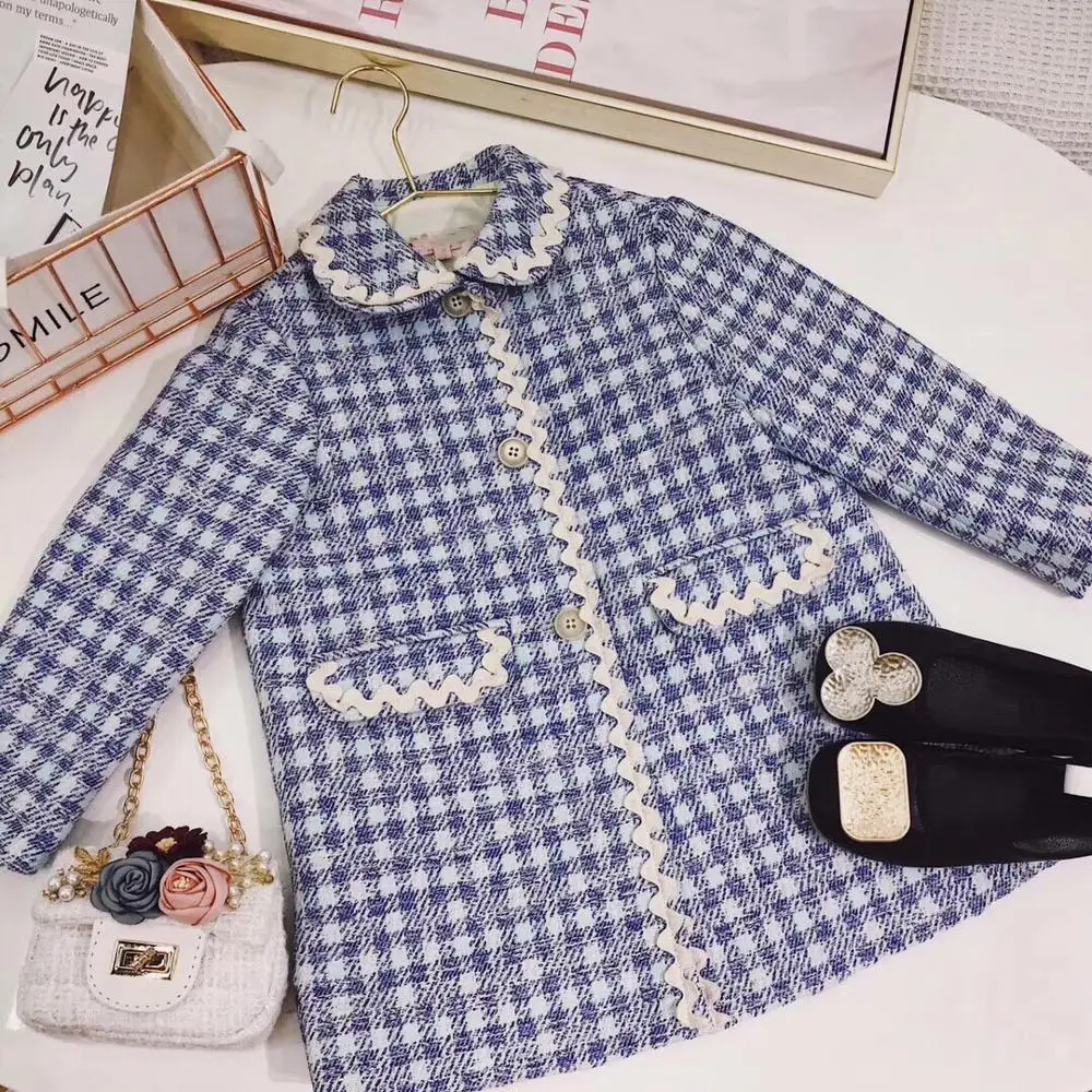 

High-End Customized Elegant Girls Autumn Winter Jackets Plaid Sweet Lace edge Woolen Coats for Baby Girls