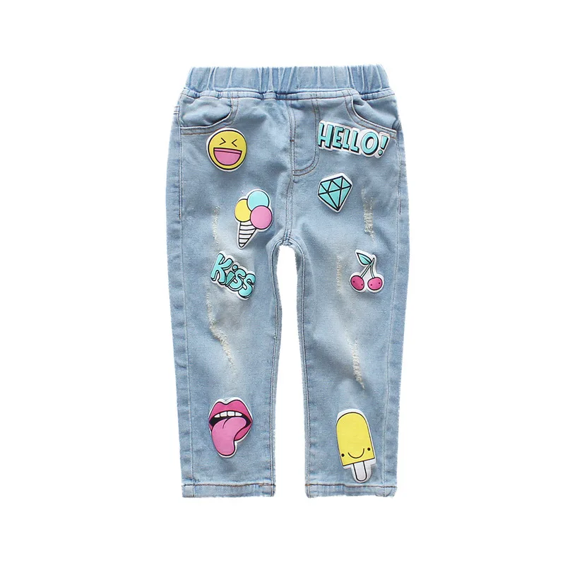 

2018New Girl's Jeans High Quality With Fashion Pattern And Letter Holes All Match Cotton100% Solid Leisure Pants Kid Clothes