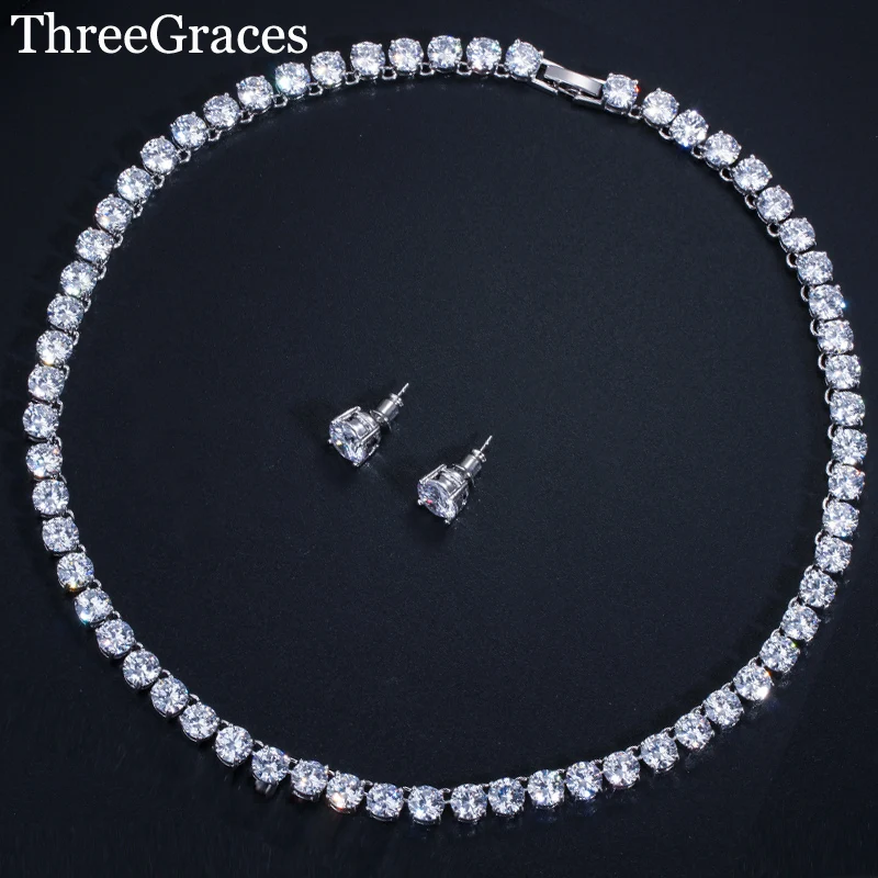 ThreeGraces Luxury Sparkling Cubic Zirconia Bridal Wedding Round Choker Necklace Stud Earrings Jewelry Sets for Brides JS073 | Украшения и