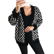 Женские Геометрические кардиганы, свитер, свободный однобортный Кардиган, пальто с v-образным вырезом, Осень-зима, вязаный свитер, пончо, для женщин