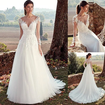 MEJOR OFERTA ❤️ Vestido de novia de tul, joya, escote en A, ilusión, lazo trasero, apliques de mangas largas nupciales, vestido de noche - discount item 41% OFF Bodas y eventos