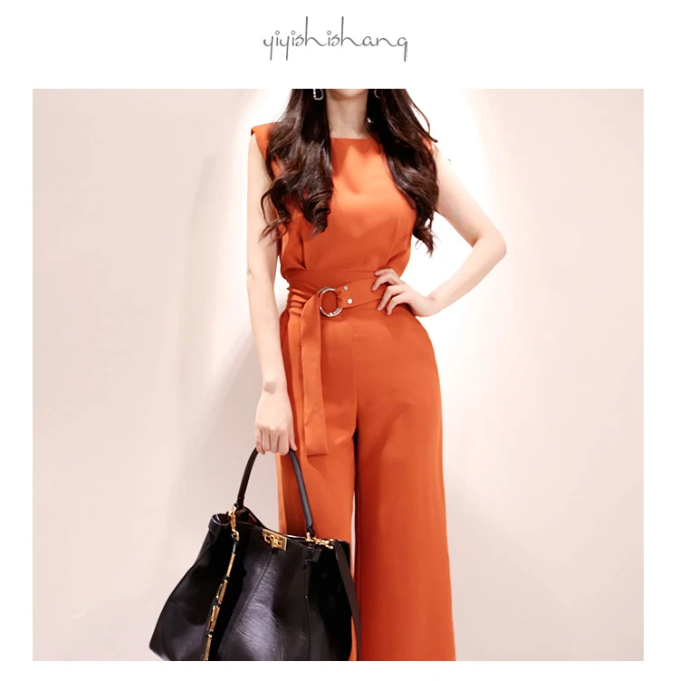 Летние женские офисные элегантные оранжевое, без рукавов Комбинезоны О-образным вырезом высокого пояса Для женщин Повседневное тонкий широкую ногу комбинезон