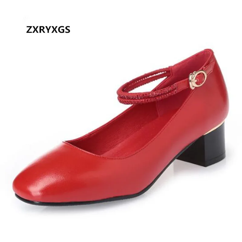 

2019 Spring Square Head Elegant Fashion Shoes Woman Shoes High Heels Soft Large Size Party Wedding Shoes Genuine Leather Shoes