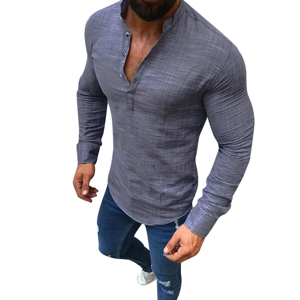 

Sleeper #401 2019 Men Linen Long Sleeve V Neck Button Up Shirts Male Casual Business Fit Blouse fashion design Free Shipping