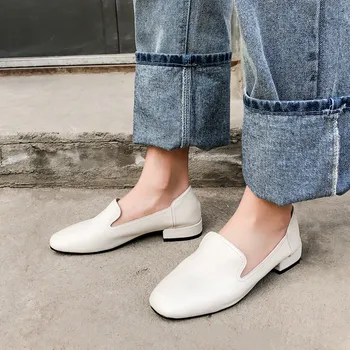 

YMECHIC Autumn 2019 New Genuine Leather Low Chunky Heels White Black Gray Daily Casual Footwear Woman Womens Pumps Ladies Shoes