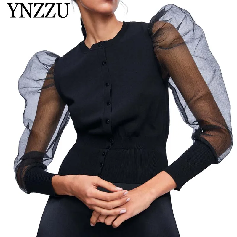 

YNZZU Chic 2019 Autumn O neck women knit cardigan Black semi-sheer Organza sleeve knitted jacket Puff sleeve slim sexy coat O827