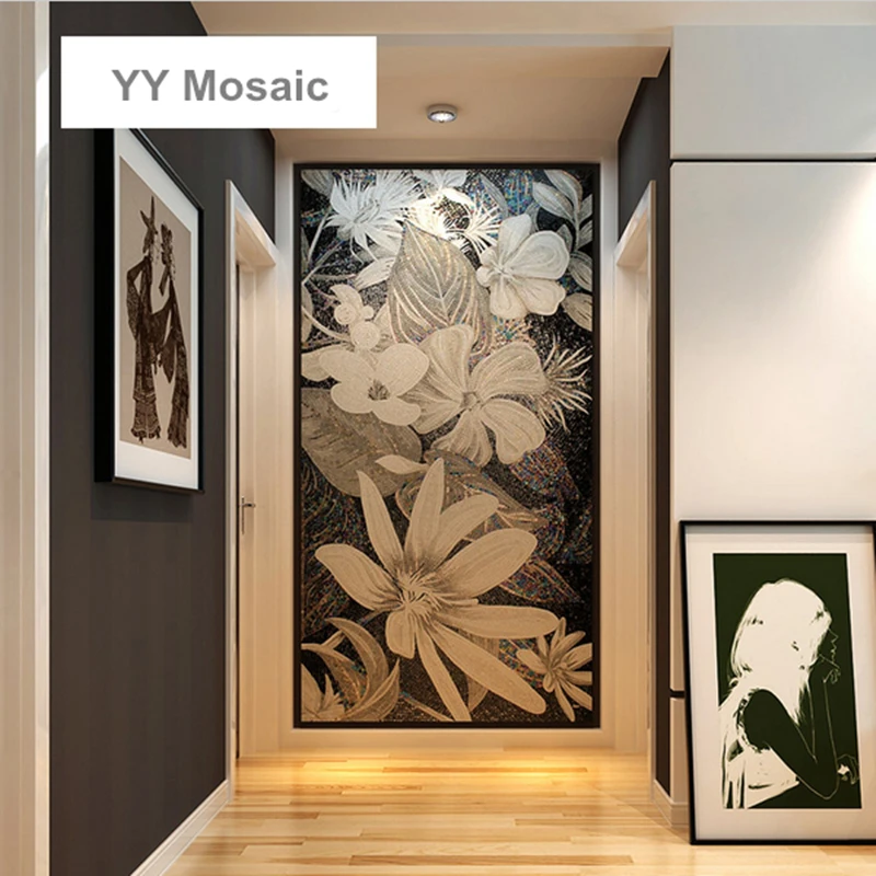 

Customized Modern Art Mosaic Mural Black White Flower Glass Mosaic Tile for Hotel Living room Handcrafted Wall Decoration