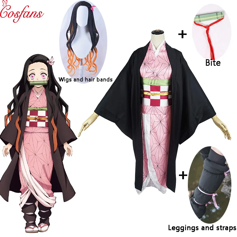 Аниме Demon Slayer Kamado Nezuko Косплей костюмы Kimetsu no Yaiba женское Розовое Кимоно на Хэллоуин