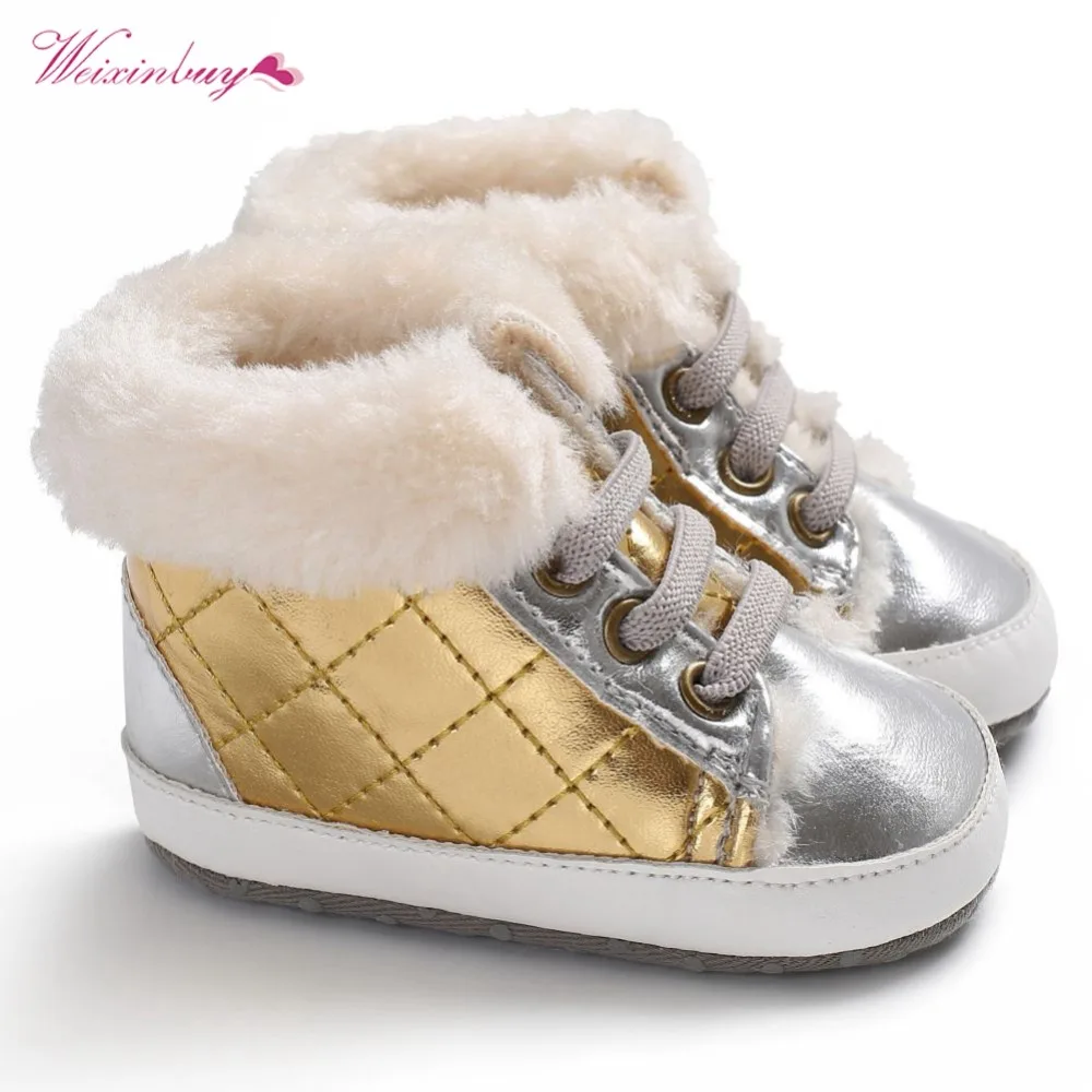 WEIXINBUY Newborn Baby Girls Snow Boots Shoes Warm Plush Soft Bottom Baby Leather Winter Kids For Baby 0-18M