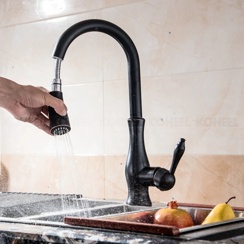 Новейший кухонный кран выдвижной вниз 360 градусов вращение никеля матовый ORB Одной ручкой раковина горячая и холодная вода смеситель