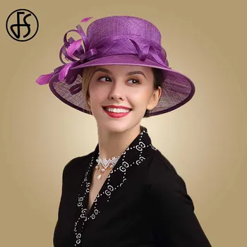 

FS Fascinator Ladies Sinamay Purple Hats For Church Wide Brim Kentucky Derby Women Hat Wedding Tea Party Hat Feather Fedoras