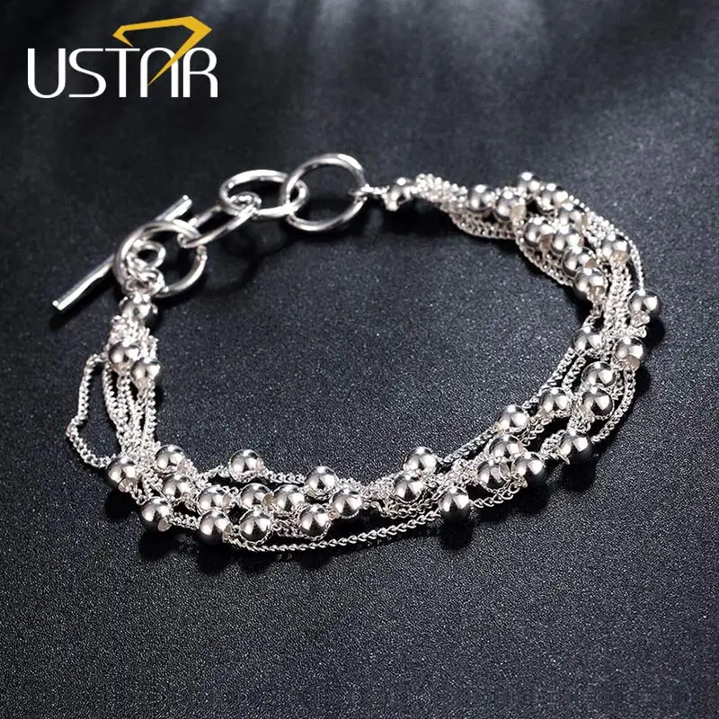 

USTAR Silver color Beads Charm Bracelets for women Jewelry Multi-chains Bracelets Bangles female pulseras bijoux Christmas Gift