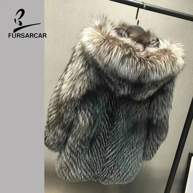 FURSARCAR With Hood Real Fur Coat Women Winter Warm Fur Outwear 70cm Long Full Sleeve Genuine Leather Silver Fox Fur Jacket
