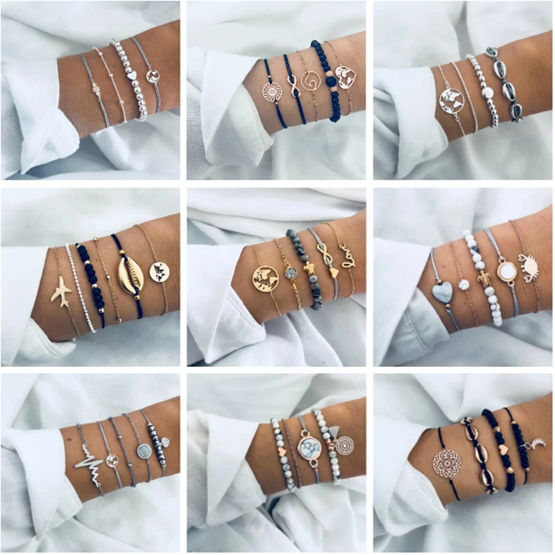 

18 Style 4-5 pcs/Set Punk Turtle Map Heart Letter Love Crystal Beads Chain Multilayer Gold Bracelet Set Charm Girl Jewelry Gifts