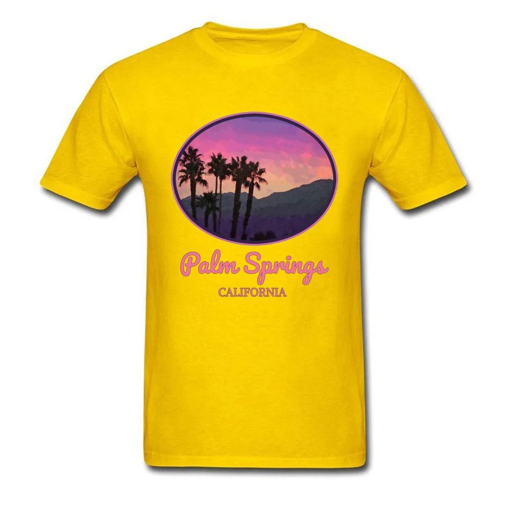 Mens 2018 New Normal Tops T Shirt Crewneck NEW YEAR DAY 100% Cotton Top T-shirts Fashionable Short Sleeve Customized Tee Shirts Palm Springs California. Sunset Mountains Palm Trees Cool Retr yellow