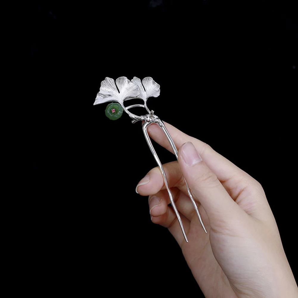 Серебряная шпилька для волос с инкрустацией листьев Ginkgo из тайского серебра в