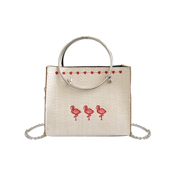 

New Women Beach Flamingo Handbag INS Popular Female Summer Straw Bags Mini Ladies Chains Shoulder Bag Travel Braided Tote SS3341