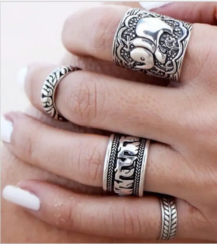 

4pcs Vintage Punk Ring Sets Carved Antique Gold color Elephant Totem Lucky Rings Anillos Women Boho Beach Jewelry C795 C796