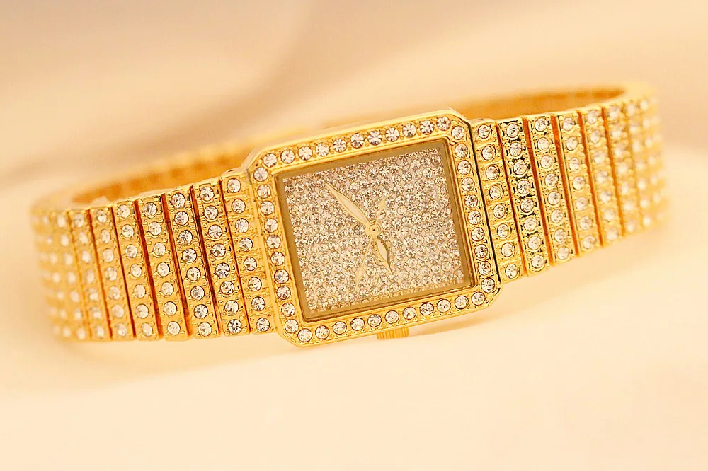 BS Топ бренд Diamond прямоугольный полный алмазов Для женщин женские часы девушка мода кварцевые золото часы с кантом женские часы