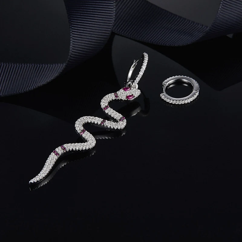 

YP2170 Candy Zircon Snake Animal Stud Earring JANVIER 925 Sterling Silver Red Long Snake Cuff Earring Red Eye Asymmetric Jewelry