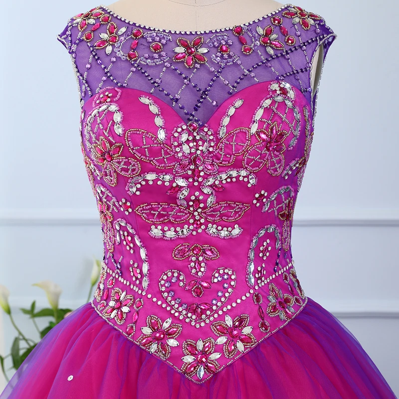 Jeweled beaded Layered Tulle Fuchsia Purple Sweet 16 Ball Gowns Scoop Neckline Green Vestido De Quinceanera
