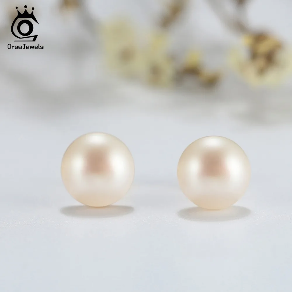 ORSA JEWELS Real 925 Sterling Silver Stud Earrings For Women Genuine Fresh Water Pearl 8 MM Gold-color Female Party Jewelry SE86 - Image 3