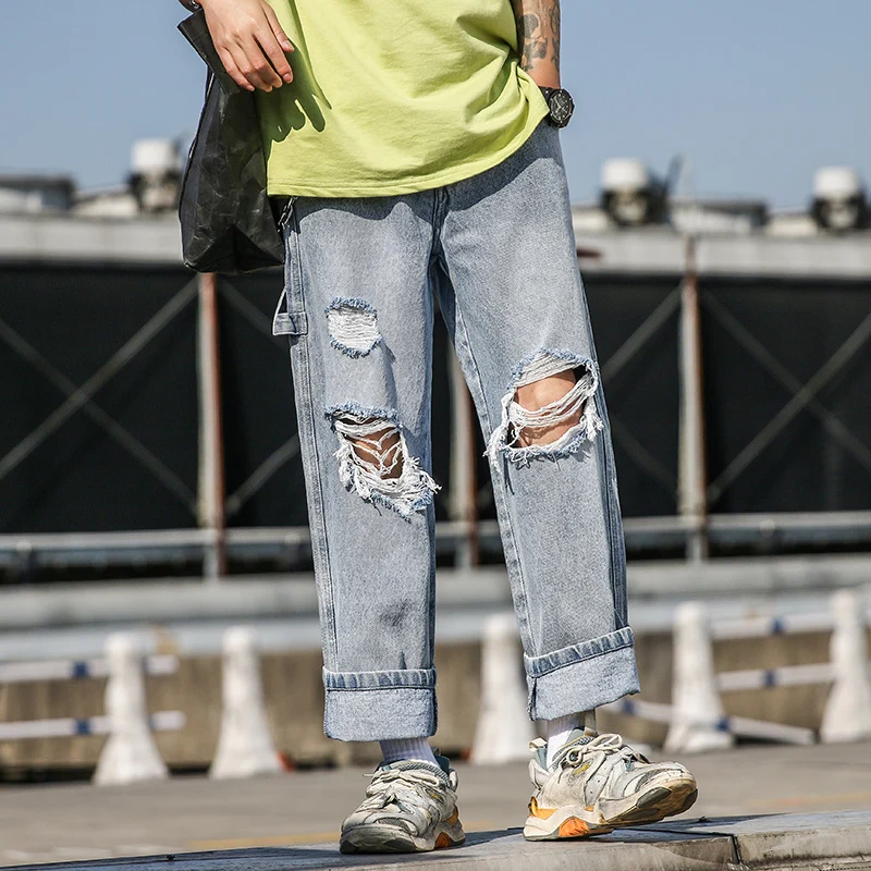 

Men's Jeans 2019 Spring And Summer Solid Color Big Hole Wanderer Jeans Slim Nine Points Jeans Personality Teen Men's Clothing