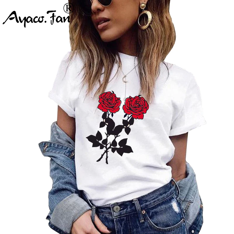

Plus Size Girls T-Shirts 2019 Summer New O-Neck Floral Print Women T-Shirt for Female Lady Casual Slim White Tops Tees Camisas