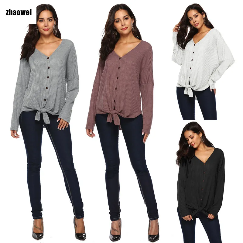 

ExplosionZHAOWEI Models Cross-Border Autumn And Winter Top Irregular Button Knot Long-Sleeve Jumpers Leisure T-shirt