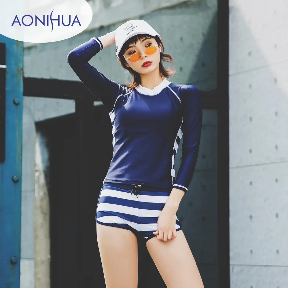 

AONIHUA Two Piece Swimsuits Women Vintage Palm wave Print Long sleeve Swimwear female Retro Surfing Bathing Suit