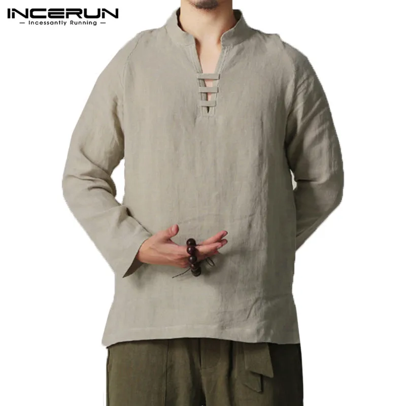 

INCERUN 2019 Chinese Style Mens Shirts Camisa Long Sleeve Slim Shirt Collarless Blouse Cotton Linen Top Plus Size 5XL Chemise