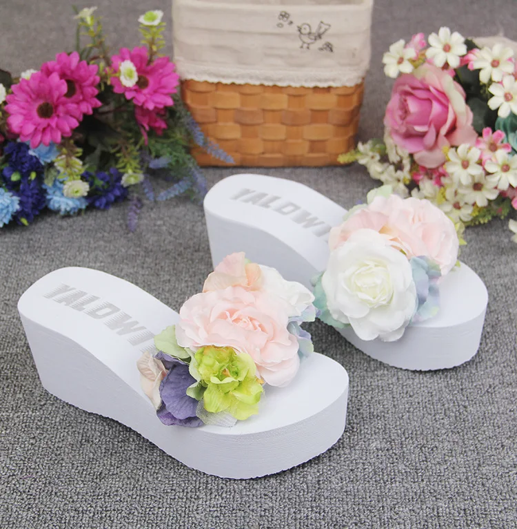Womens New Handmade Flowers White Flip Flops Wedges Shoes Online Sale Slipper Beach Sandals Cheap50
