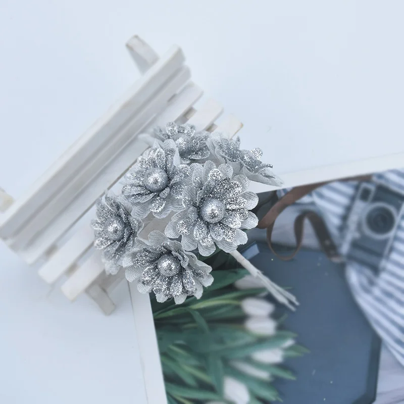 6 шт., искусственные растения для рождественского венка, украшения для дома, свадебные, сделай сам, подарки, искусственные тычинки для скрапбукинга, шелковые цветы, букет - Цвет: Style 5 silver