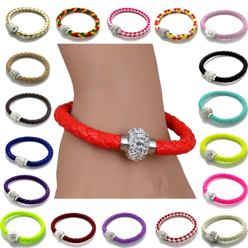 

Fashion Unisex Handmade Magnetic Rhinestones Bracelet Leather Buckle Bangle Wristband Jewelry
