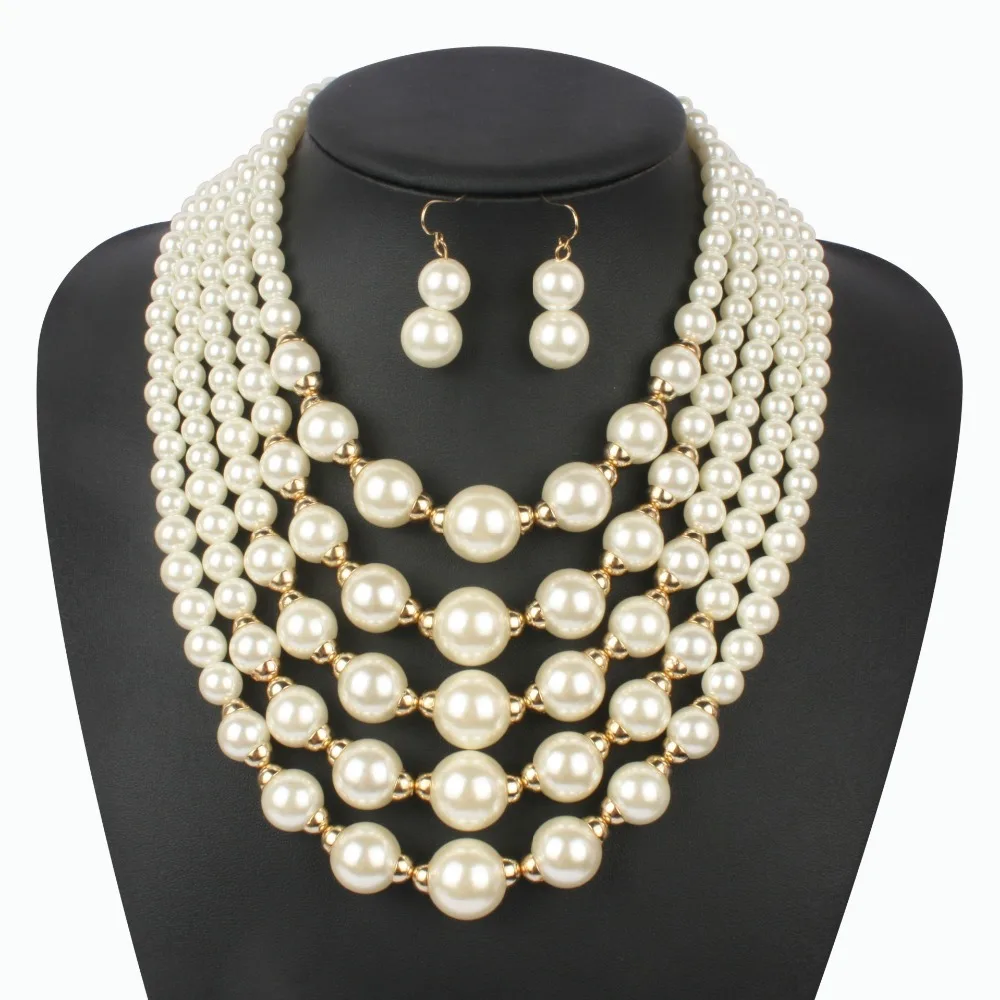 Handmade imitation pearl beaded fashion exaggerated female short section multi-layer necklace | Украшения и аксессуары