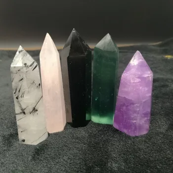 

natural stone black tourmaline quartz green fluorite crystal wand point reiki healing home decoration for sale 5pcs