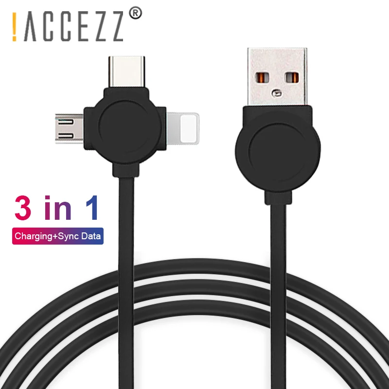 ACCEZZ 3 в 1 USB кабель для зарядки и передачи данных освещение для iPhone 7 XR XS Max X 8 Pin Micro usb type C для samsung Xiaomi телефонные кабели