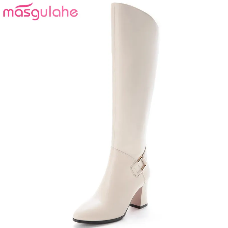 

Masgulahe knee high boots 2018 fashion elegant winter boots simple buckle solid genuine leather boots round toe womens shoes