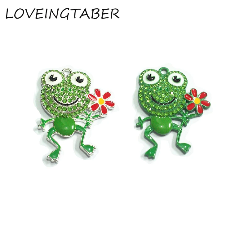 

( Choose Color First ) 45mm*35mm 10pcs/lot Frog With Flower Rhinestone Pendants For Necklace