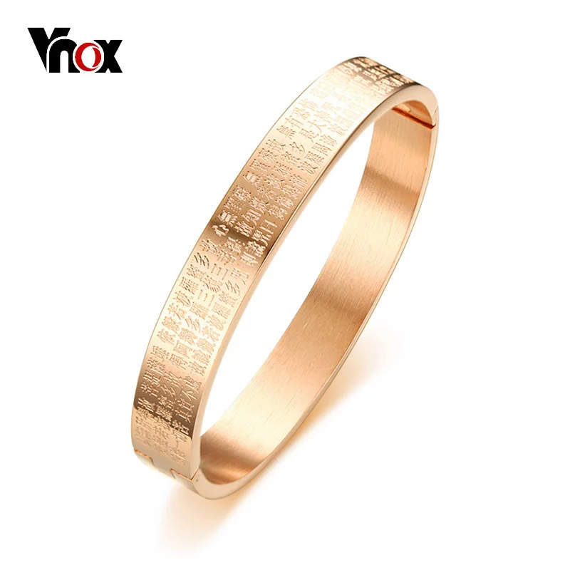 

Vnox Chinese Buddhism Text Engraved Bracelet for Women Cuff Bangle Stainless Steel Elegant Female Jewelry Rose Gold Color