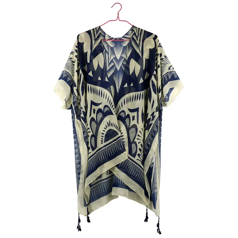 

2019 Women Kimono Tassels Long Beach Kimono Cardigan Bohemian Geometric Print Womens Summer Shirts Raglan Sleeve Blouse Boho Top