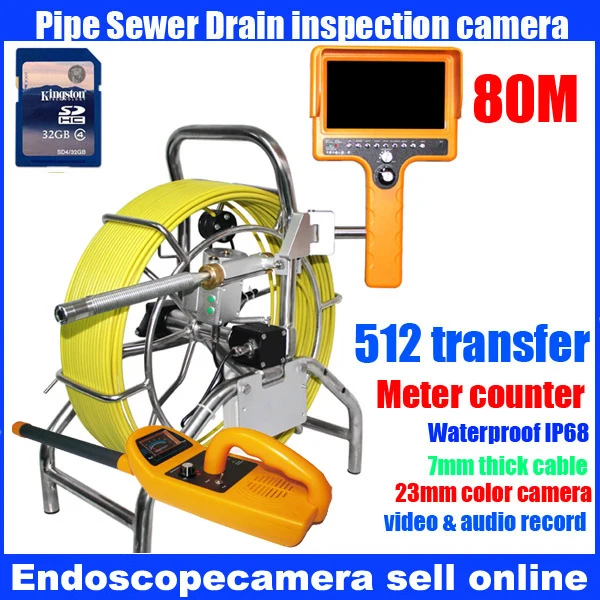 Pipe inspection 7mm fiber 80m cable reel with a digital meter counter and pan/tilt rotating
