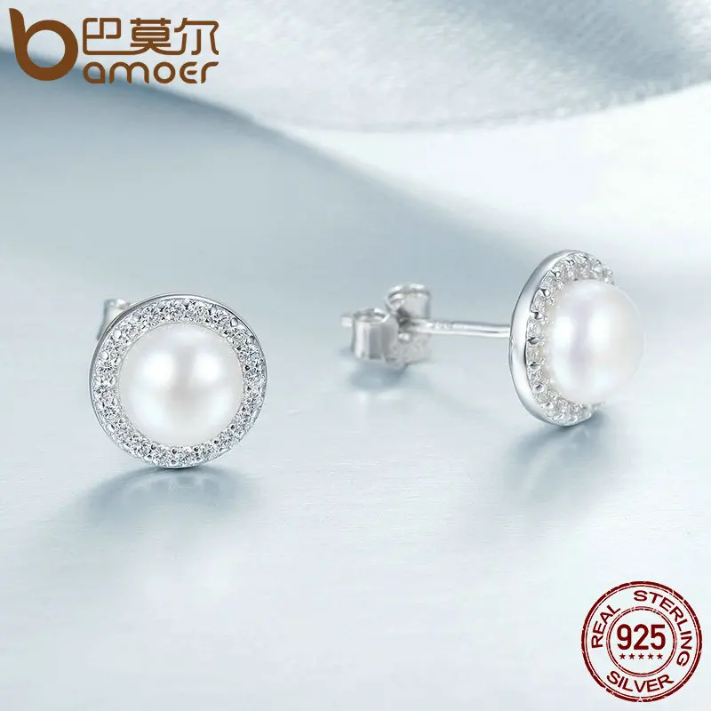 BAMOER 925 Sterling Silver Classic Round Sparkling CZ Fresh Water Pearl Stud Earrings for Women Sterling Silver Jewelry SCE122