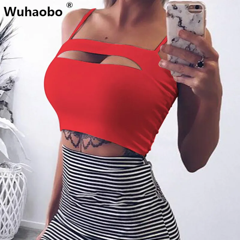 Wuhaobo مثير اقتصاص قمم قطع النساء قميص حريمي السباغيتي حزام الصيف Clubwear الشارع الشهير الصلبة قمم 2019 المتناثرة