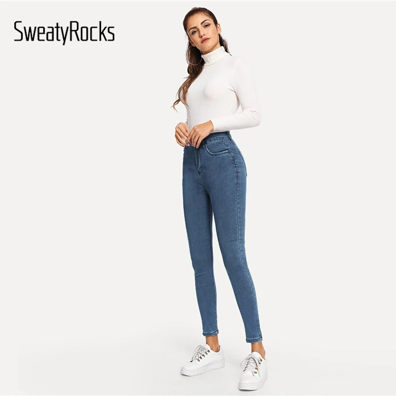 SweatyRocks, простые обтягивающие джинсы, уличная женская уличная одежда, синие джинсы, пуговиц, повседневные джинсовые узкие брюки и брюки