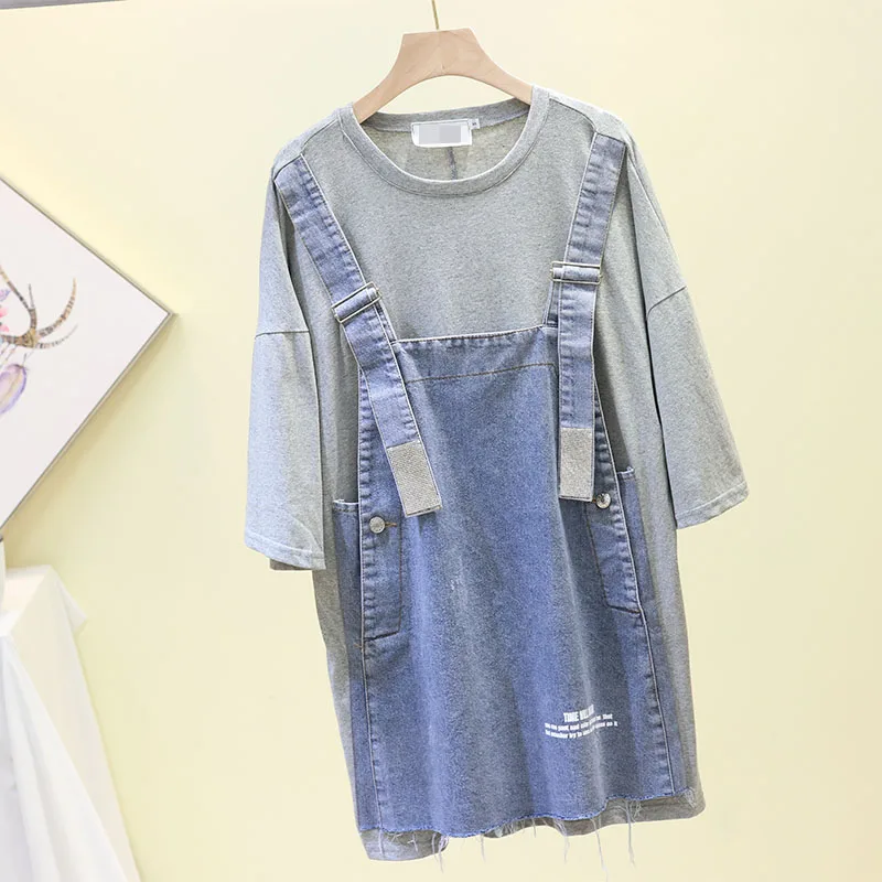 

Summer Korean Loose Dress Women Cotton T-shirt Denim Splice Dress Female Thin Short Sleeve Tee Splice Jean Casual Dress Vestidos